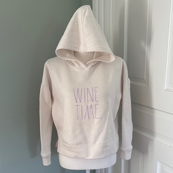 Rae Dunn Tops - Rae Dunn Cream Hoodie Purple Sequins Size XS Wine Time